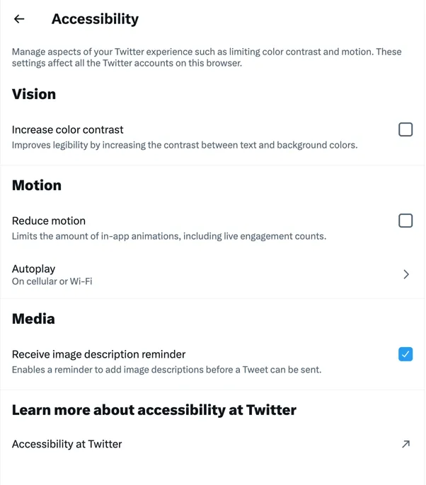 Twitter Accessibility settings