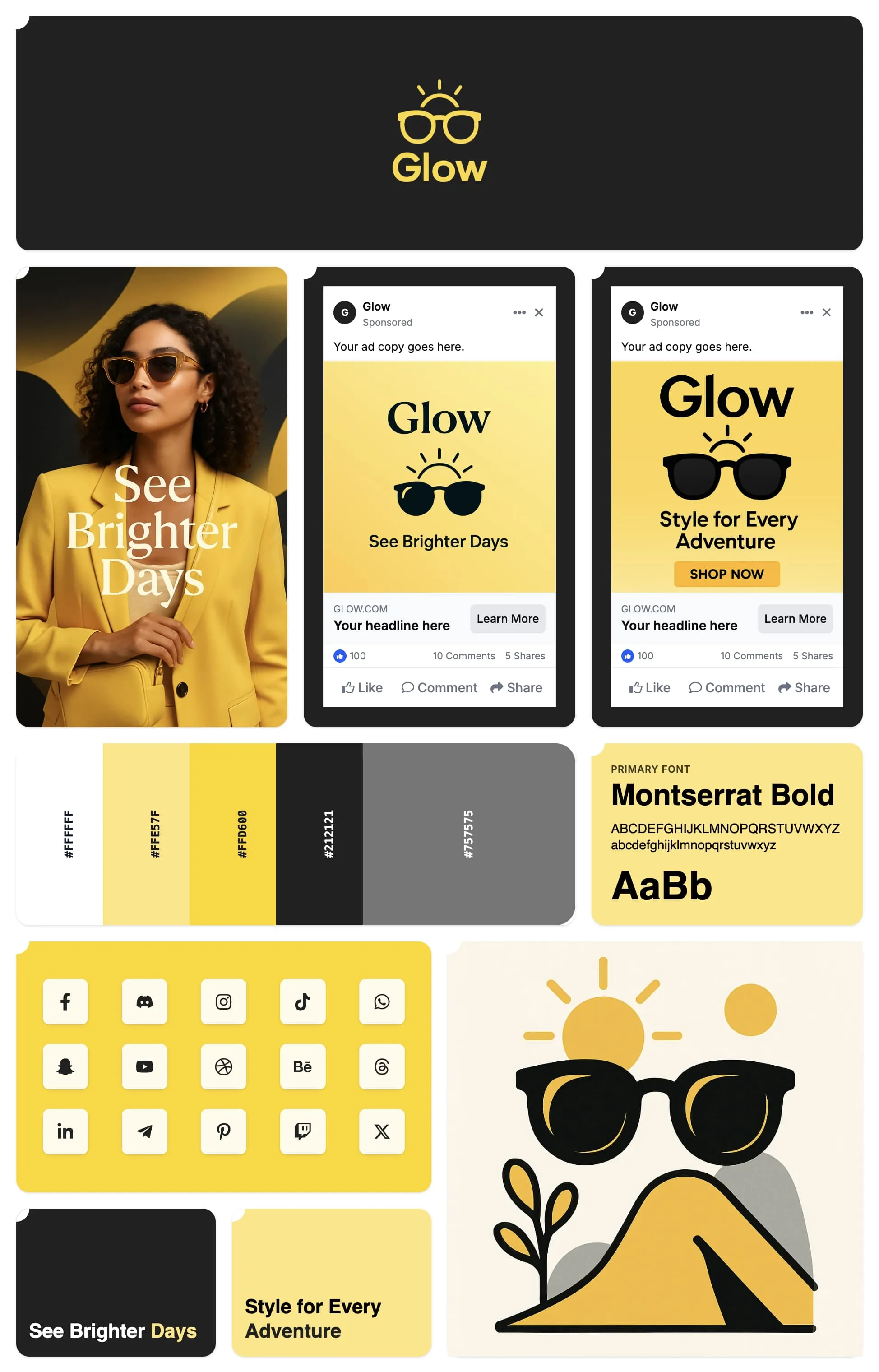 Demo brand-kit of a sunglasses brand named "Glow"