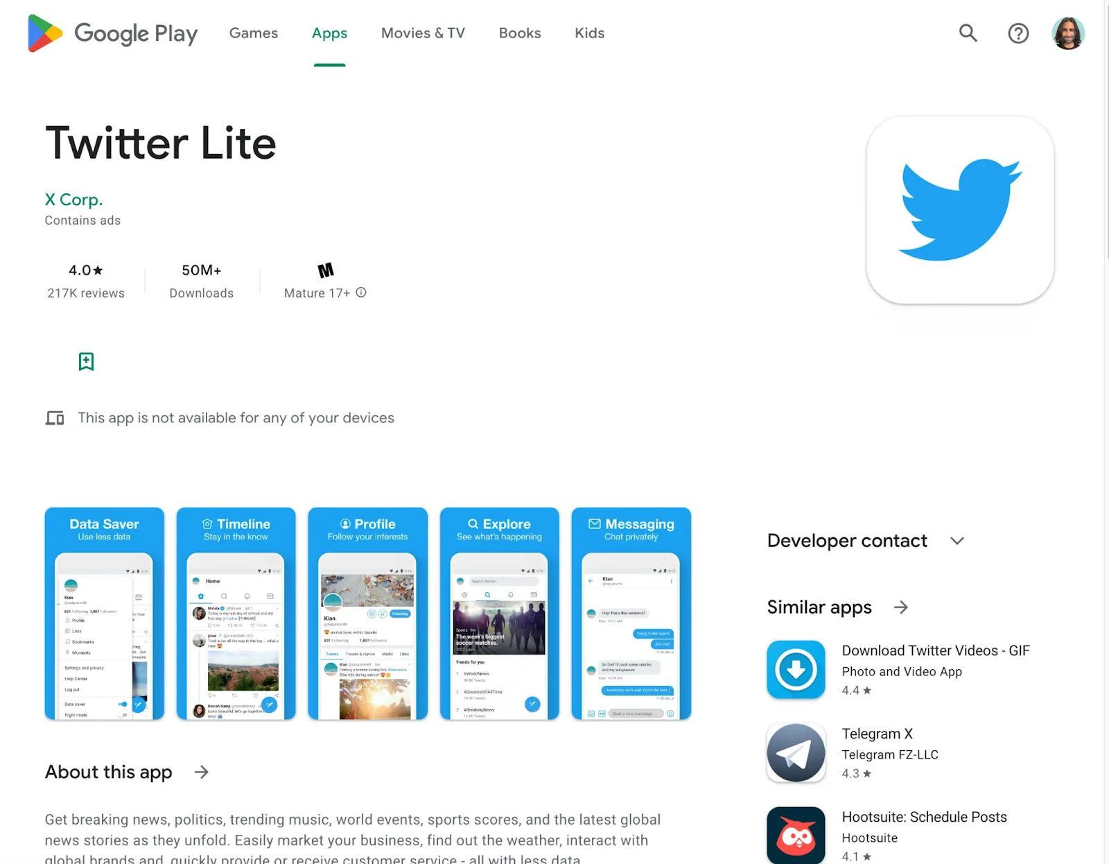 Twitter Lite on Google PlayStore